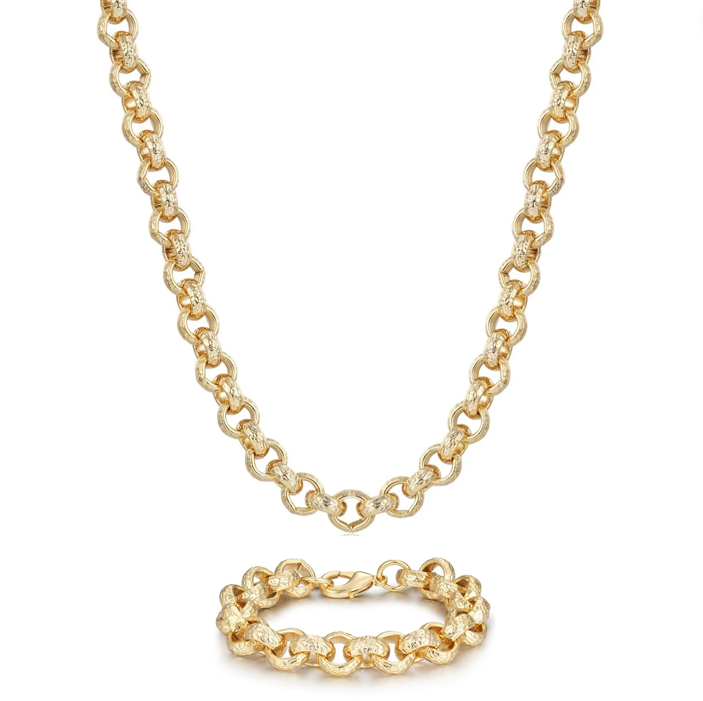 12mm Gold Diamond Cut Pattern Belcher Chain and Bracelet Set