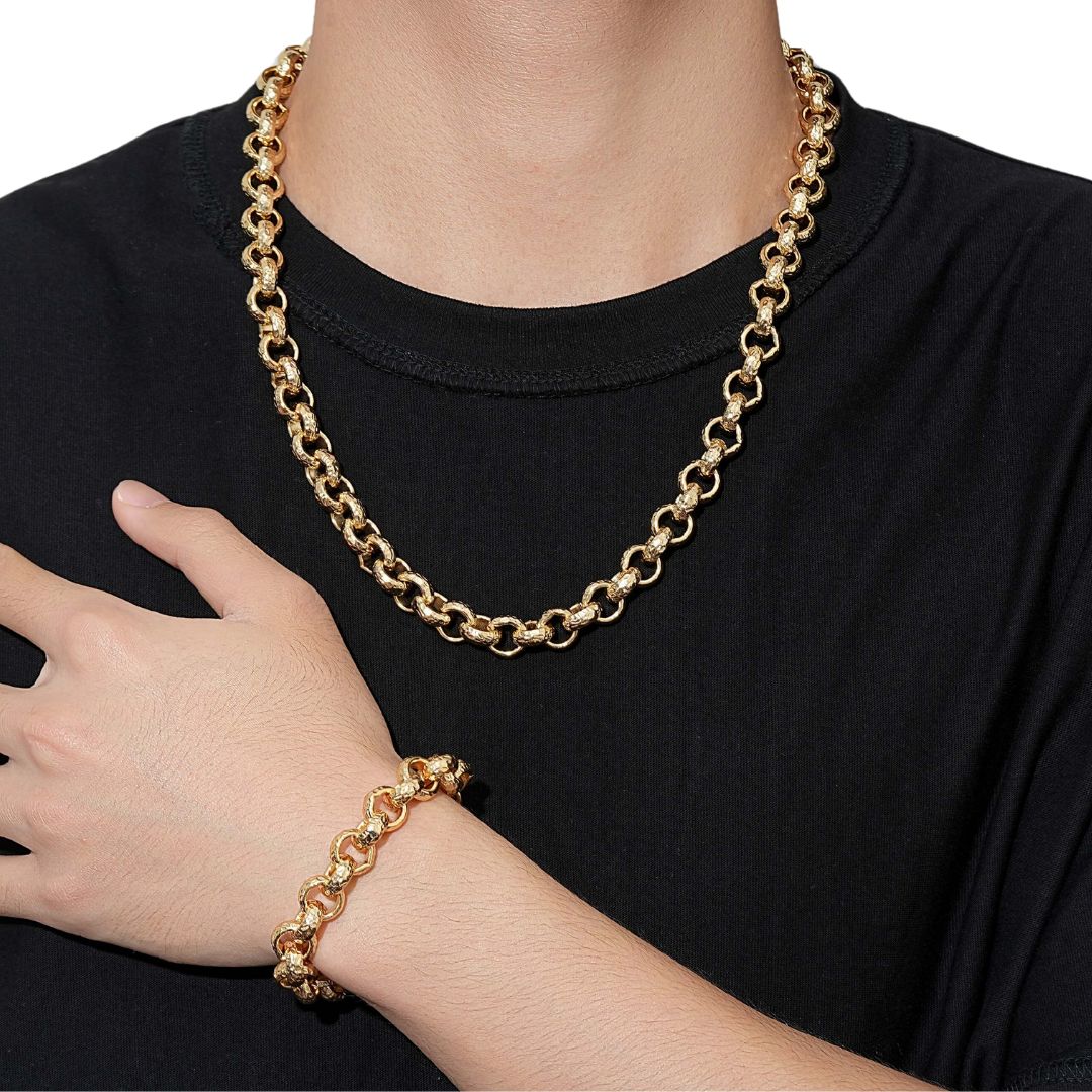 12mm Gold Diamond Cut Pattern Belcher Chain and Bracelet Set