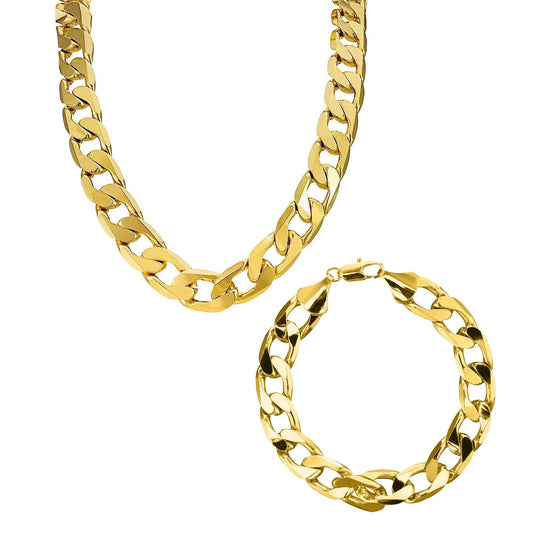 12mm Gold Cuban Curb Necklace and Bracelet Set