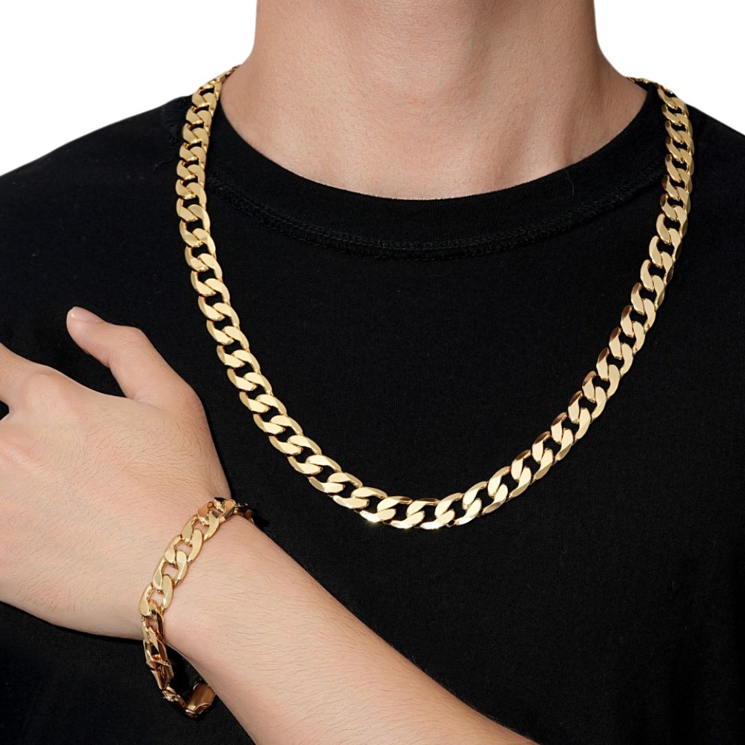 Gold Cuban Chain Necklace and Bracelet Set Wholesale