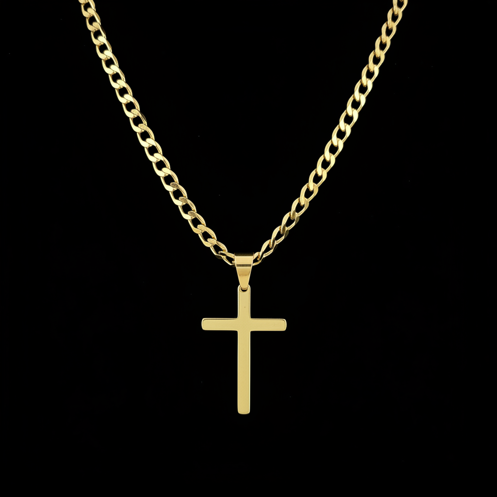 Gold Cross Pendant with 6mm Cuban Chain (24”) – Unisex