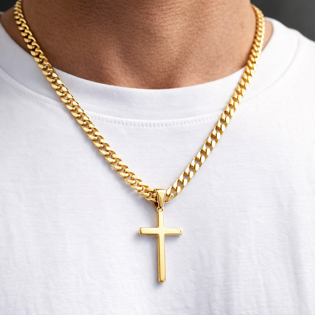 Gold Cross Pendant with 6mm Cuban Chain (24”) – Unisex