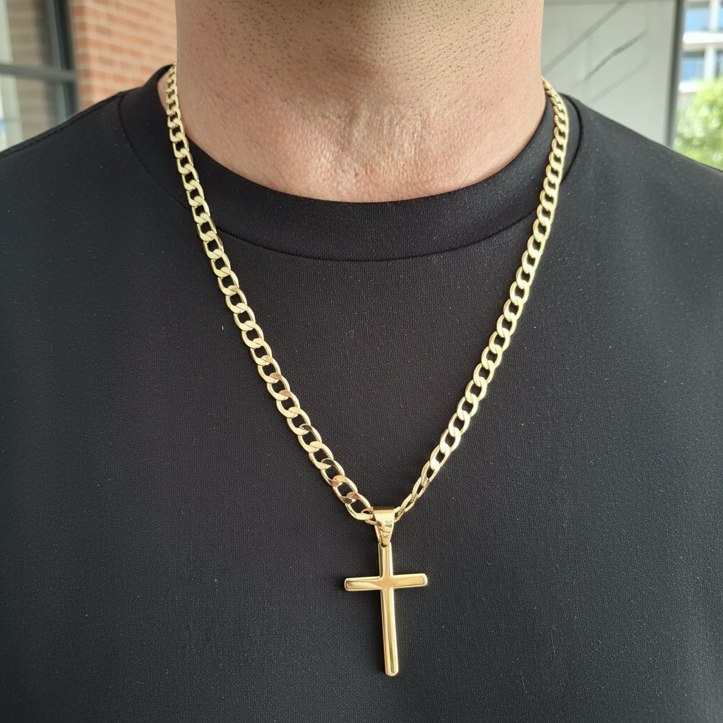 Gold Cross Pendant with 6mm Cuban Chain (24”) – Unisex