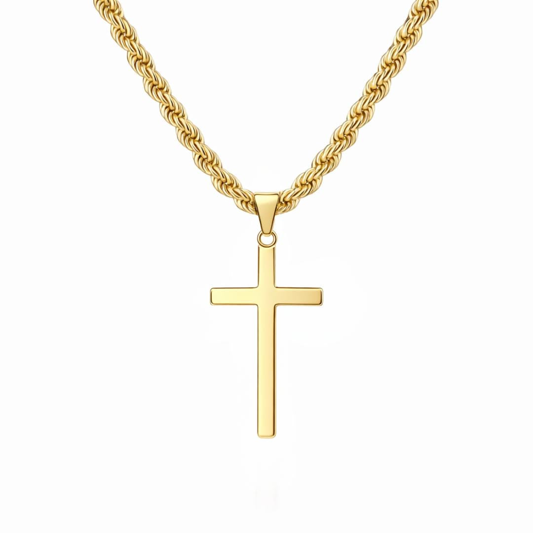 Gold Cross Pendant with 6mm Rope Chain (24”) – Unisex
