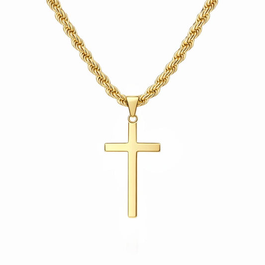 Gold Cross Pendant with 6mm Rope Chain (24”) – Unisex