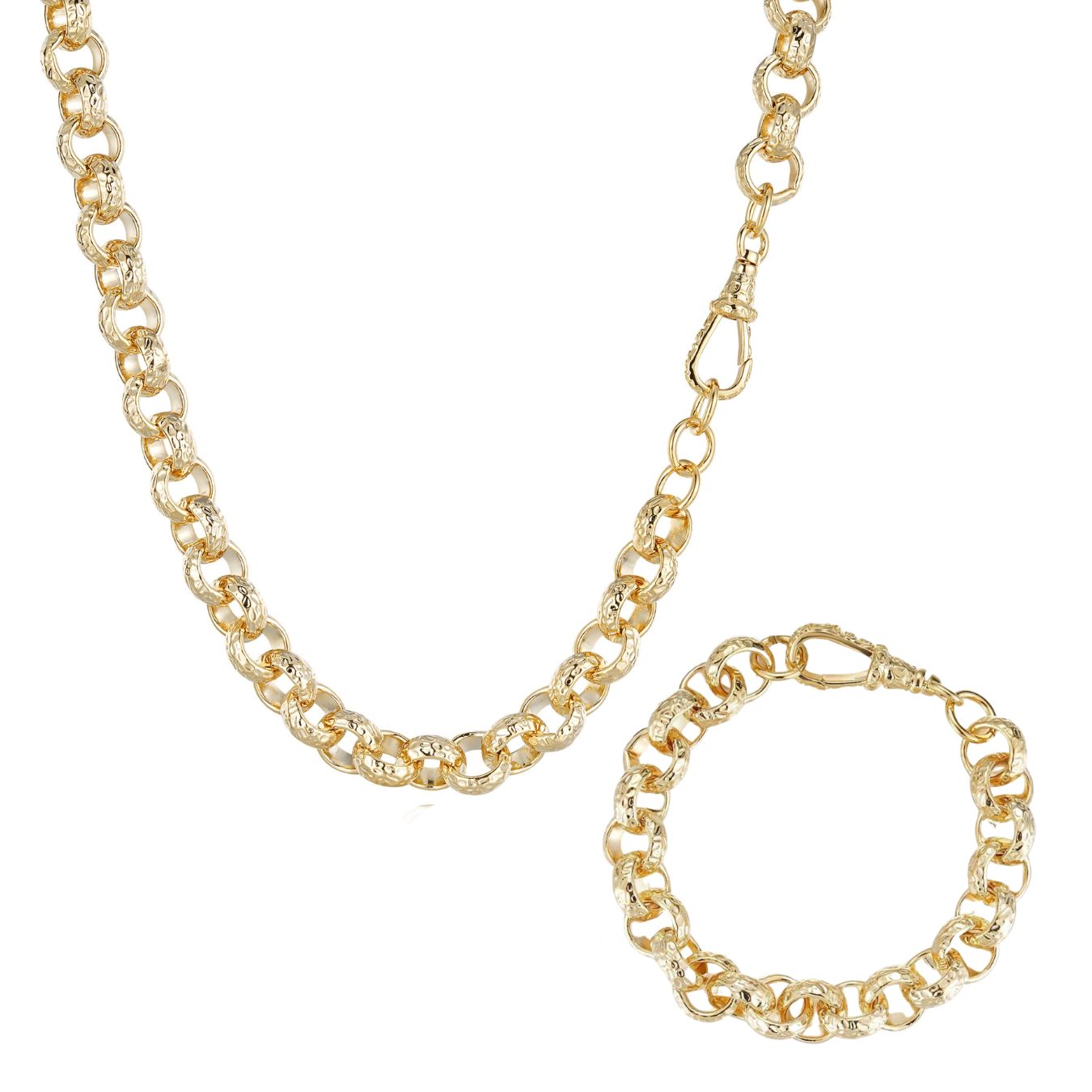 12mm Gold Diamond Cut Hammered Patterned Belcher Chain and Bracelet Set with Albert Clasp