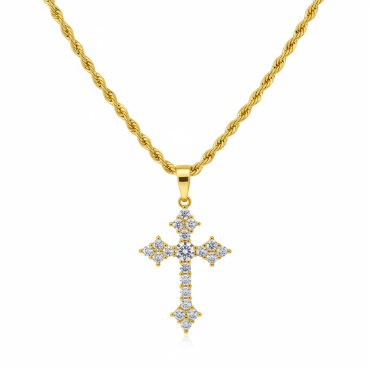 Gold CZ Cross Pendant Crucifix Necklace with 3mm Rope Chain