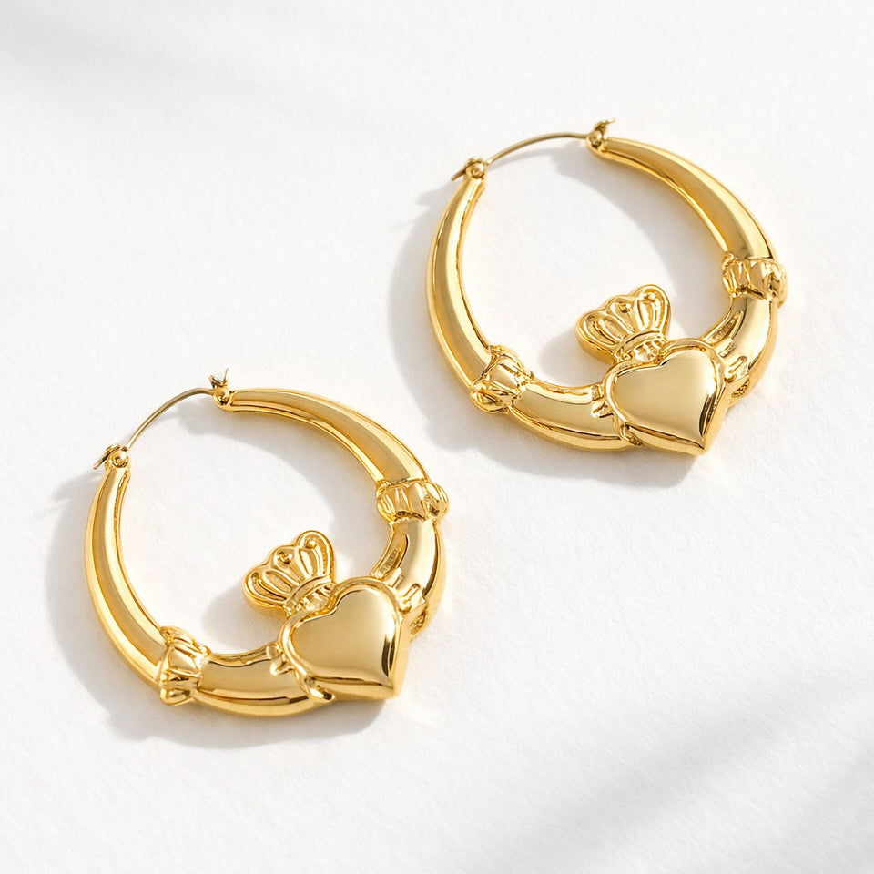 Gold 61mm Large Claddagh Hoop Earrings For Women