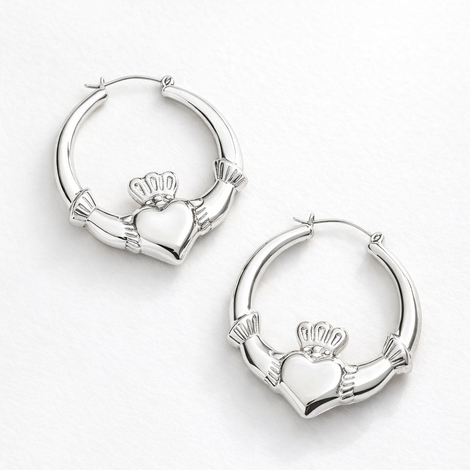 Silver 61mm Large Claddagh Hoop Earrings For Women