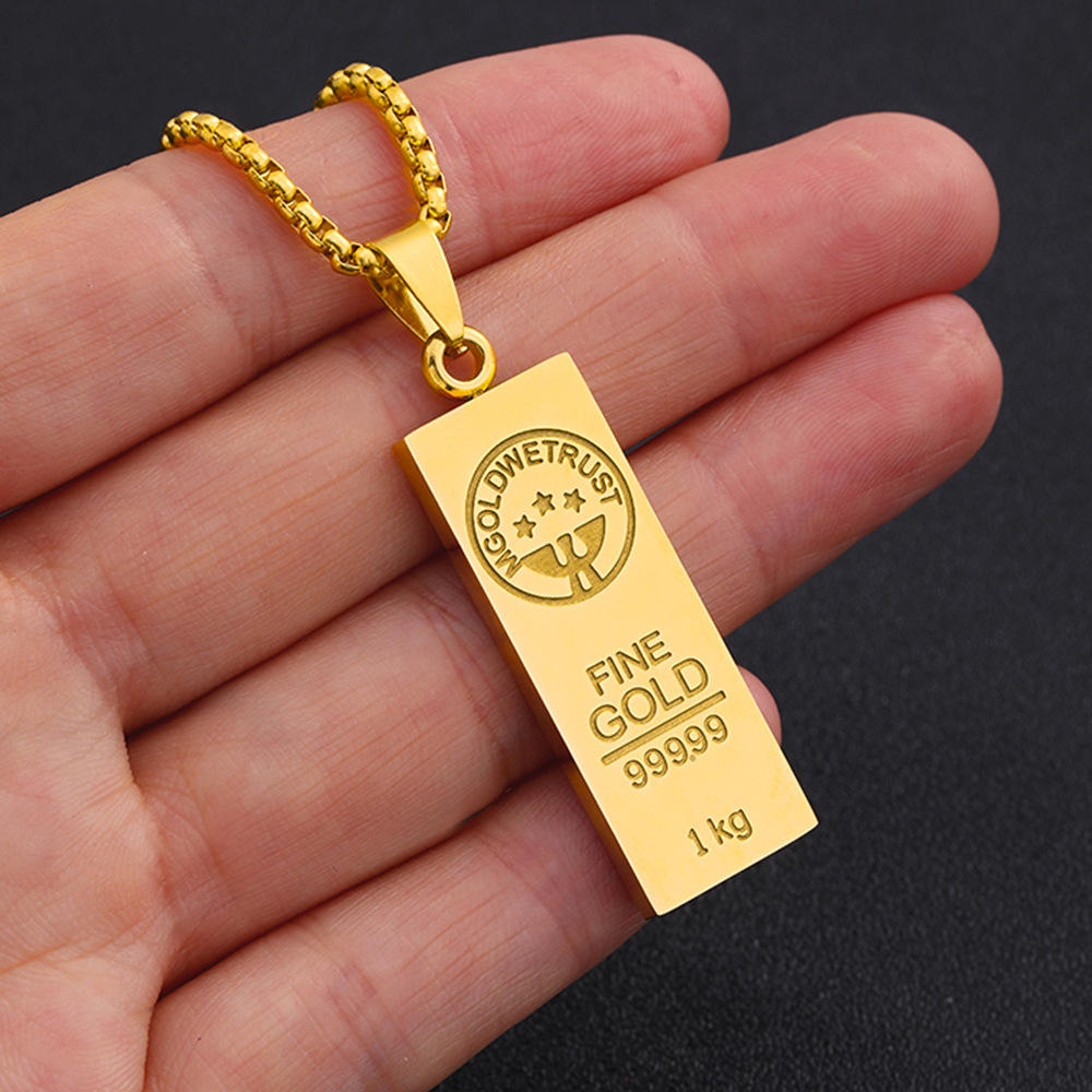 Gold Bar Ingot Pendant Necklace for Men