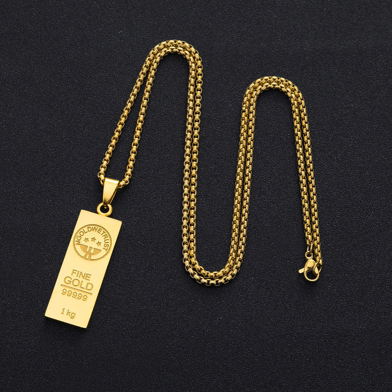 Gold Bar Ingot Pendant Necklace for Men