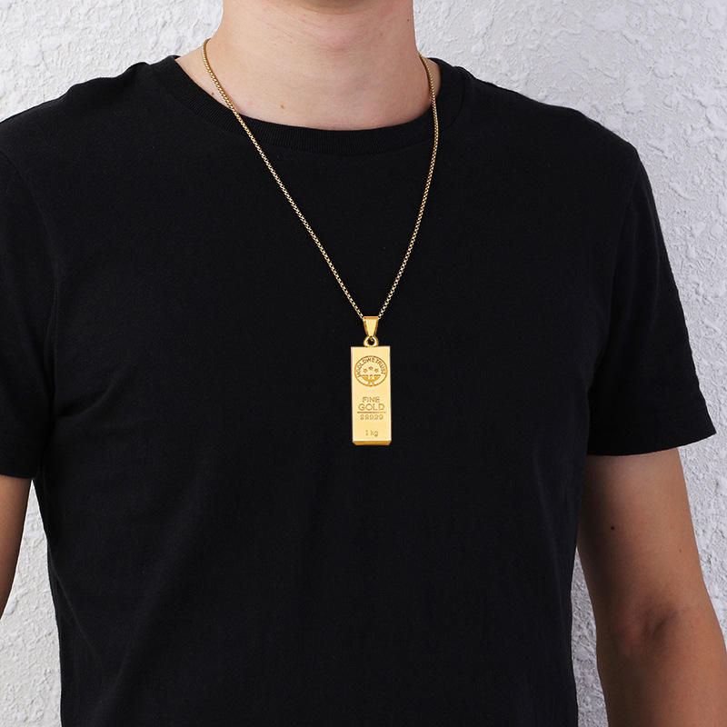 Gold Bar Ingot Pendant Necklace for Men