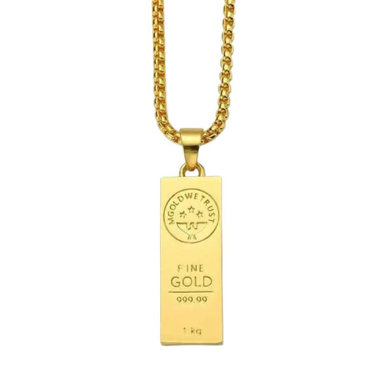Gold Bar Ingot Pendant Necklace for Men