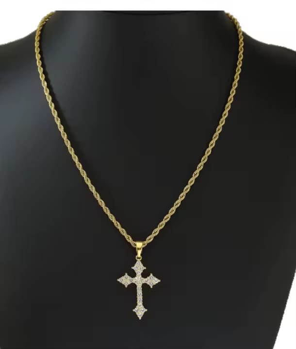 Gold CZ Cross Pendant Crucifix Necklace with 3mm Rope Chain