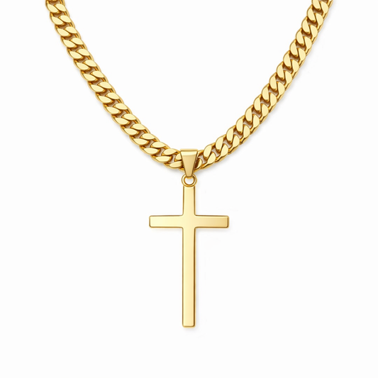 Gold Cross Pendant with 9mm Cuban Chain (24”) – Unisex