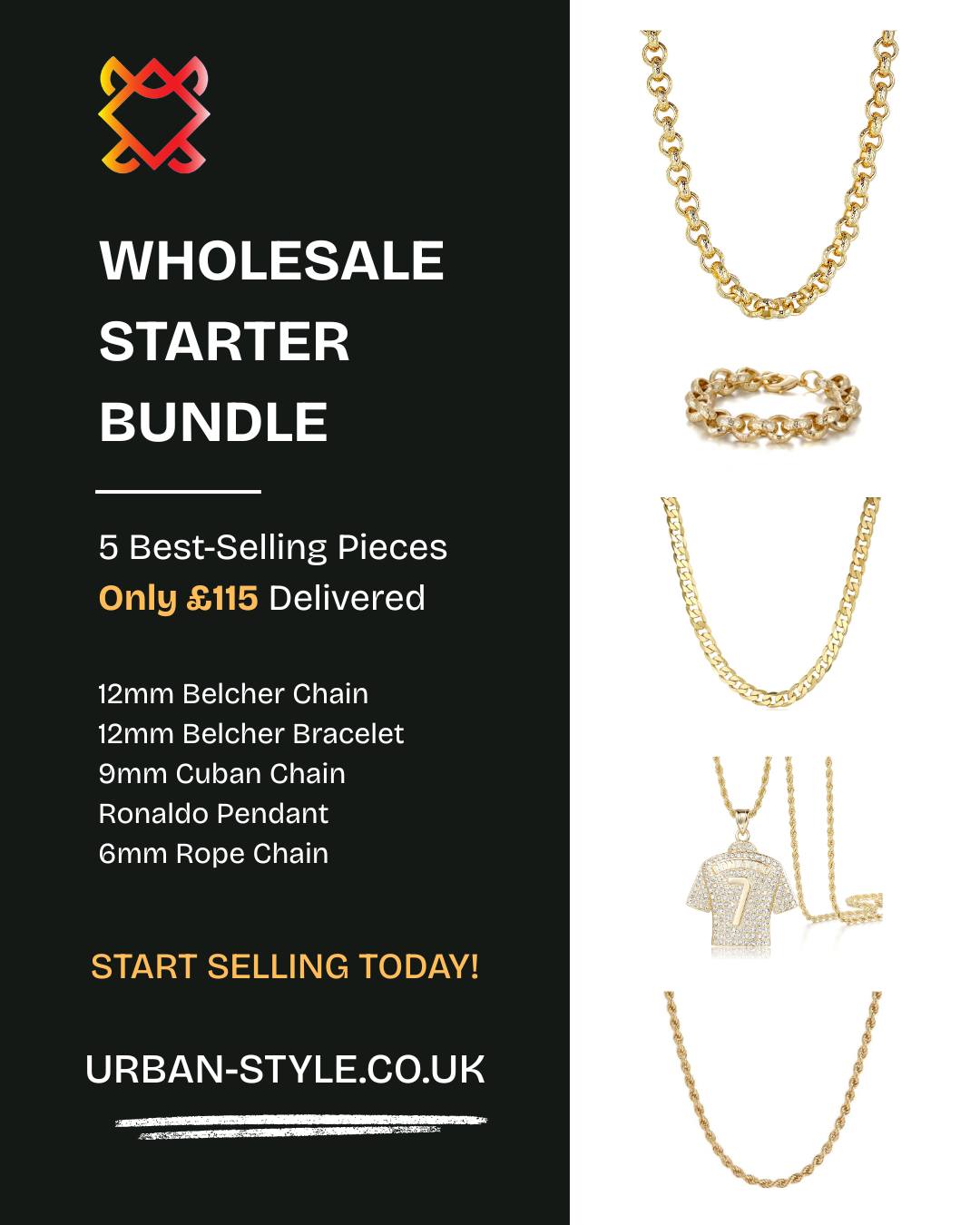 UK wholesale Mens Jewellery Gold Belcher Cuban Rope Chain Pendant