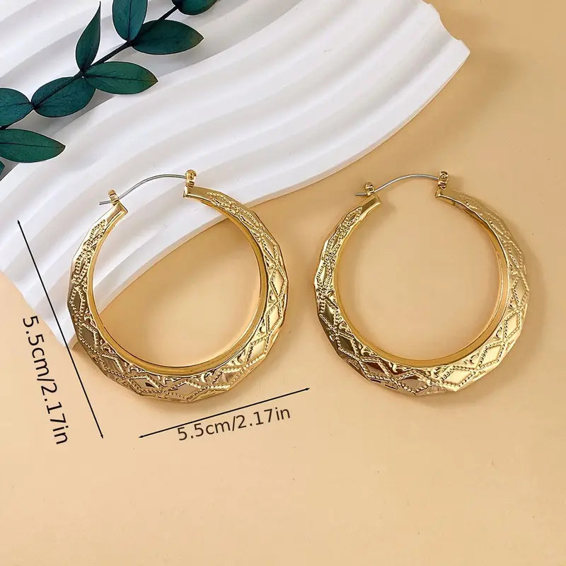 Gold 55mm Patterned Creole Hoop Gypsy Earrings For Women