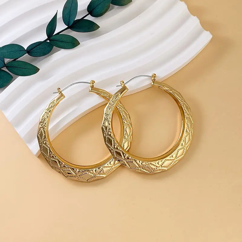 Gold 55mm Patterned Creole Hoop Gypsy Earrings For Women