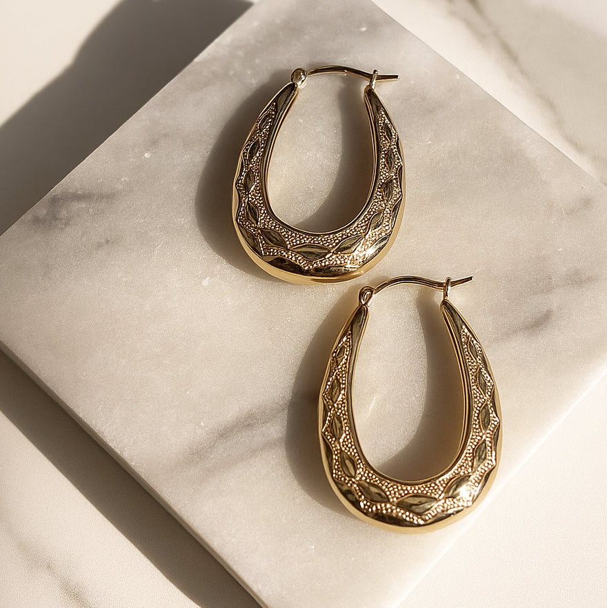 Gold Oval Creole Hoop Earrings with Diamond Pattern – Large Hoop Earrings for Women