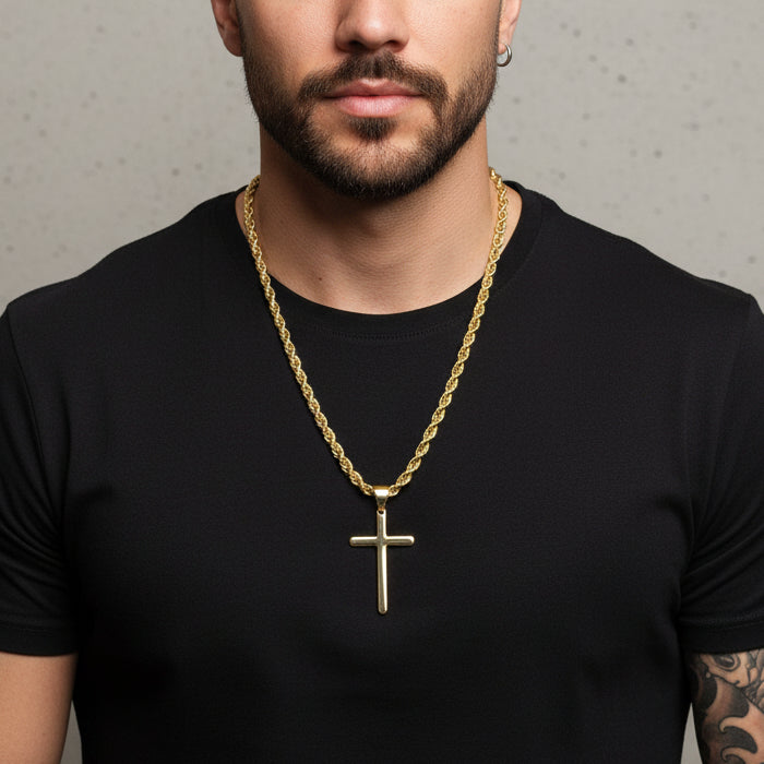 Gold Cross Pendant with 6mm Rope Chain (24”) – Unisex