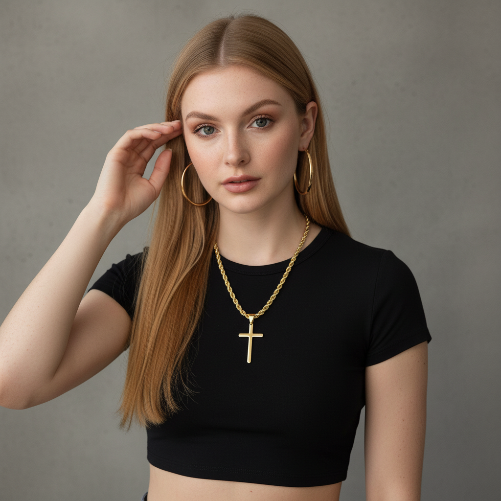 Gold Cross Pendant with 6mm Rope Chain (24”) – Unisex