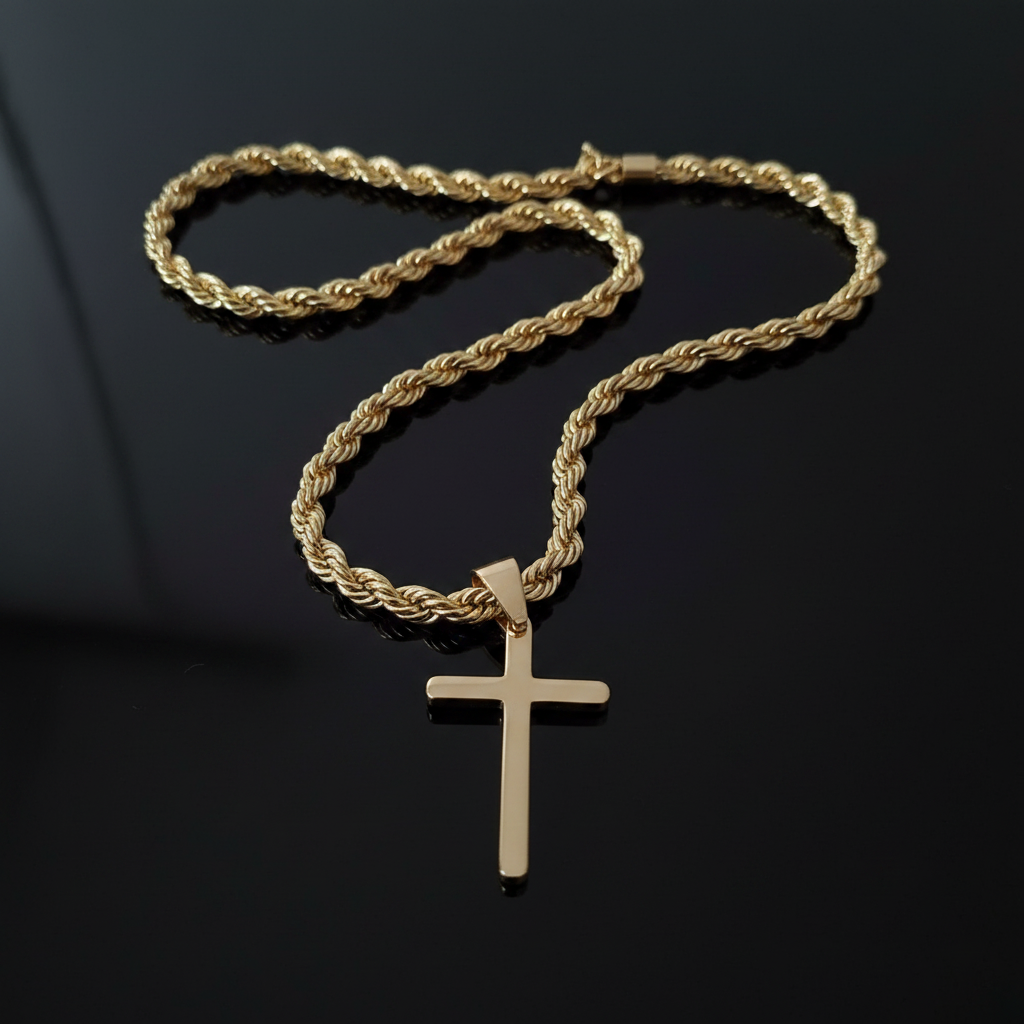 Gold Cross Pendant with 6mm Rope Chain (24”) – Unisex