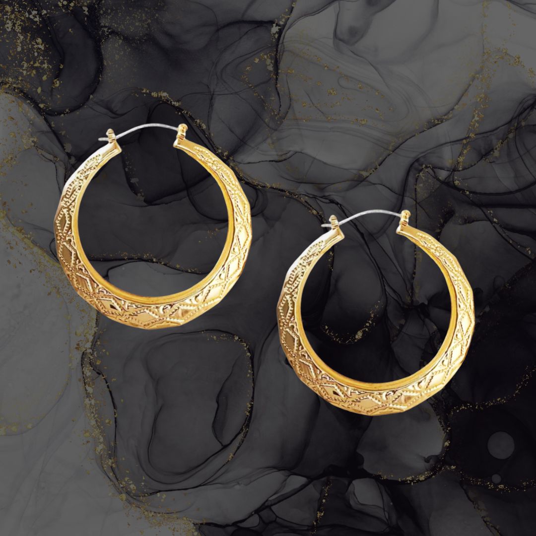 Gold 55mm Patterned Creole Hoop Gypsy Earrings For Women