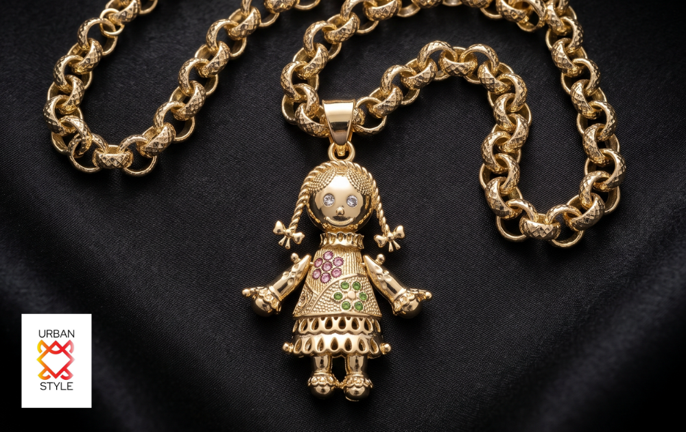 Gold Filled 3D Studded Pink Coloured Rag Doll Pendant Belcher Necklace Jewellery For Her
