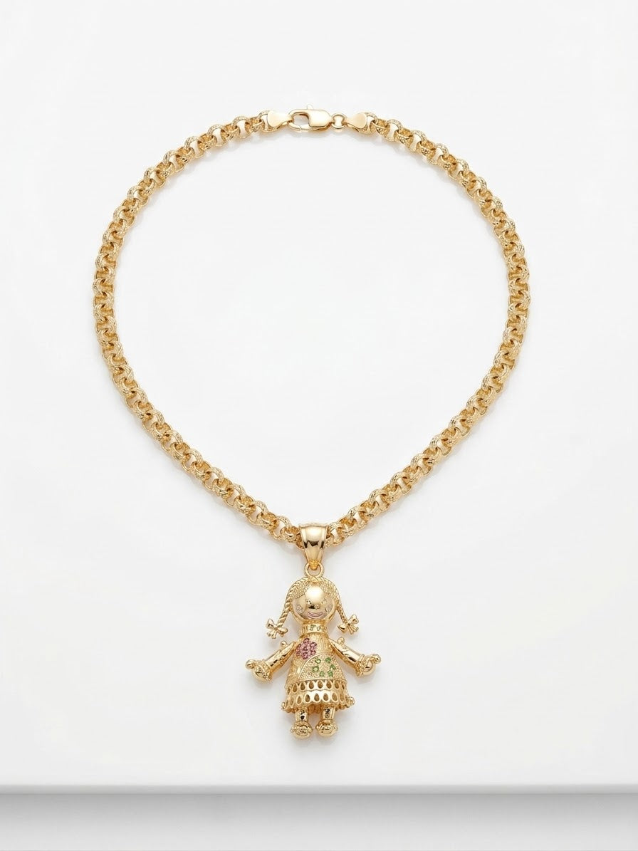 Child's Gold Filled 3D Studded Pink Coloured Rag Doll Pendant with 24inch Belcher Necklace Jewellery