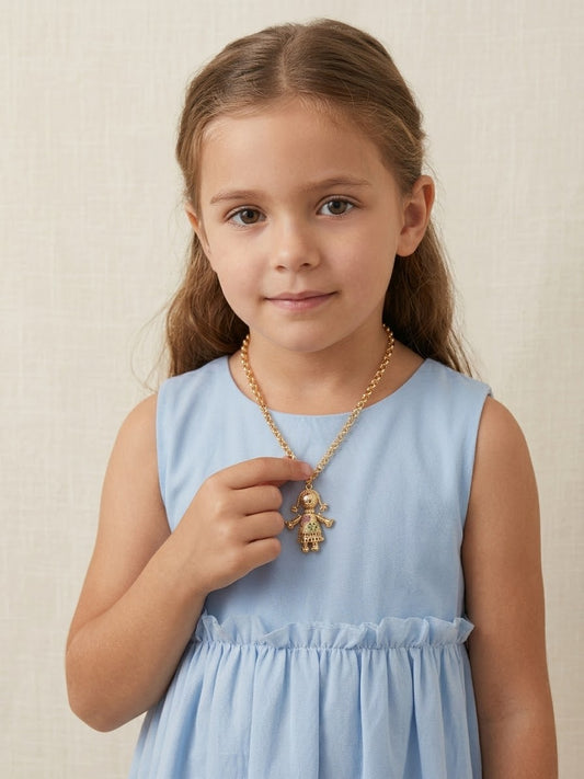 Child's Gold Filled 3D Studded Pink Coloured Rag Doll Pendant with 24inch Belcher Necklace Jewellery