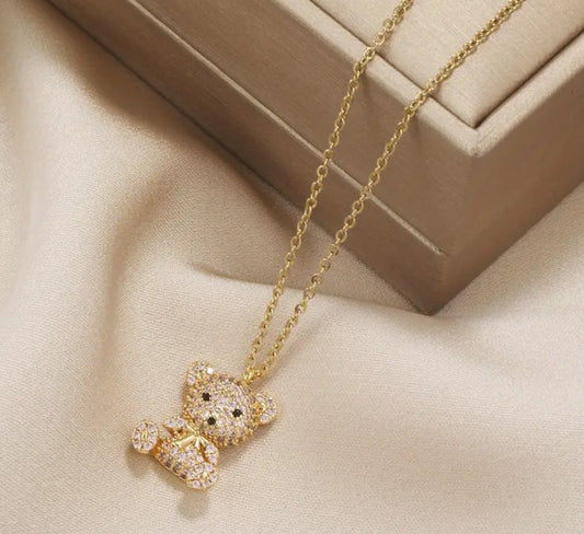 Small Studded Teddy Bear Pendant Necklace