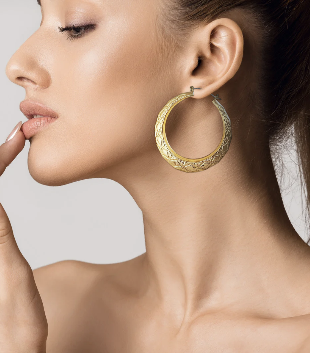 Gold 55mm Patterned Creole Hoop Gypsy Earrings For Women