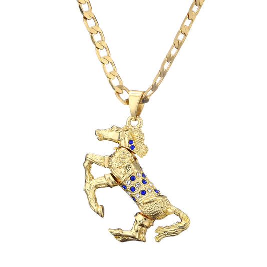 Gold Horse Pendant with Blue Stones and Cuban Chain Set