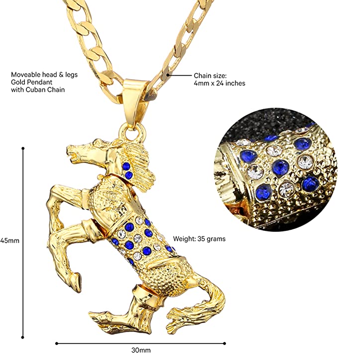 Gold Horse Pendant with Blue Stones and Cuban Chain Set